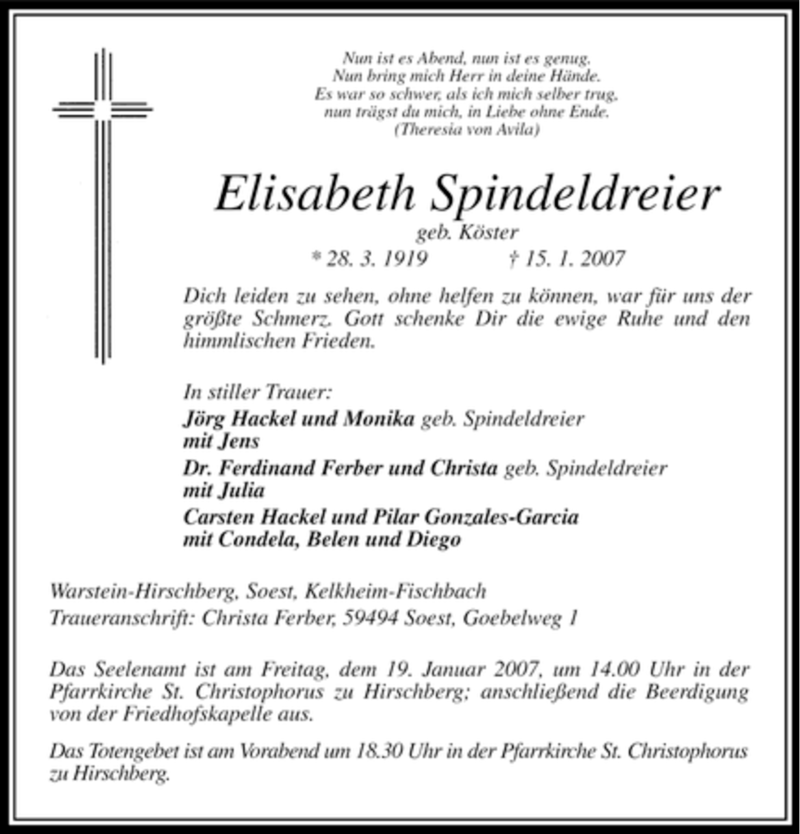  Traueranzeige für Elisabeth Spindesdreier vom 17.01.2007 aus WESTFÄLISCHER ANZEIGER
