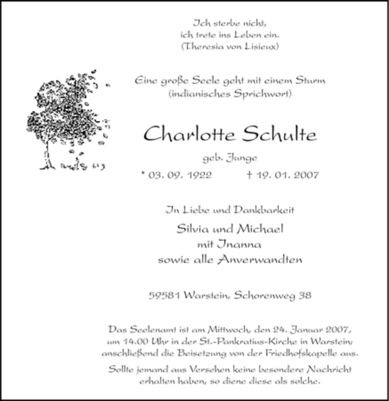  Traueranzeige für Charlotte Schulte vom 20.01.2007 aus WESTFÄLISCHER ANZEIGER