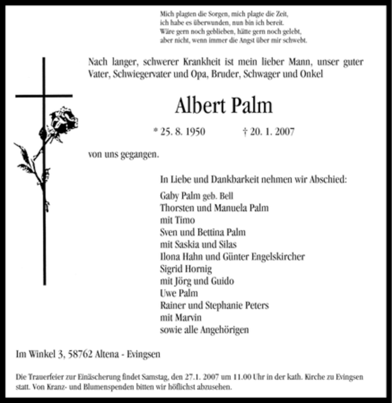  Traueranzeige für Albert Palm vom 23.01.2007 aus WESTFÄLISCHER ANZEIGER