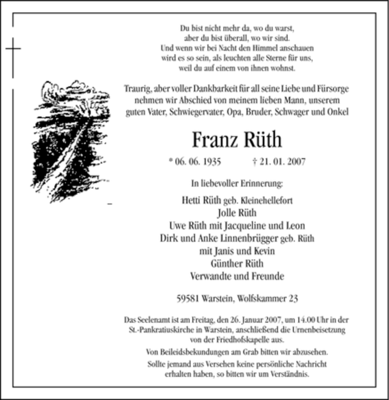  Traueranzeige für Franz Rüth vom 23.01.2007 aus WESTFÄLISCHER ANZEIGER