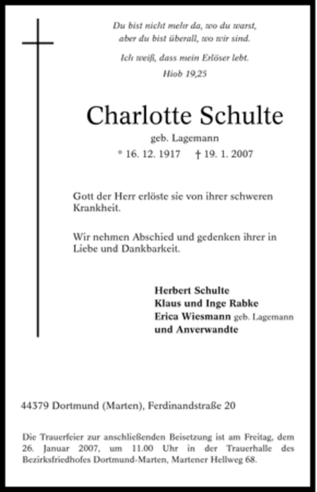  Traueranzeige für Charlotte Schulte vom 23.01.2007 aus WESTFÄLISCHER ANZEIGER