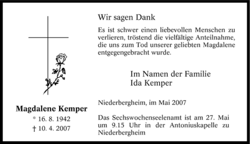  Traueranzeige für Magdalene Kemper vom 23.05.2007 aus WESTFÄLISCHER ANZEIGER