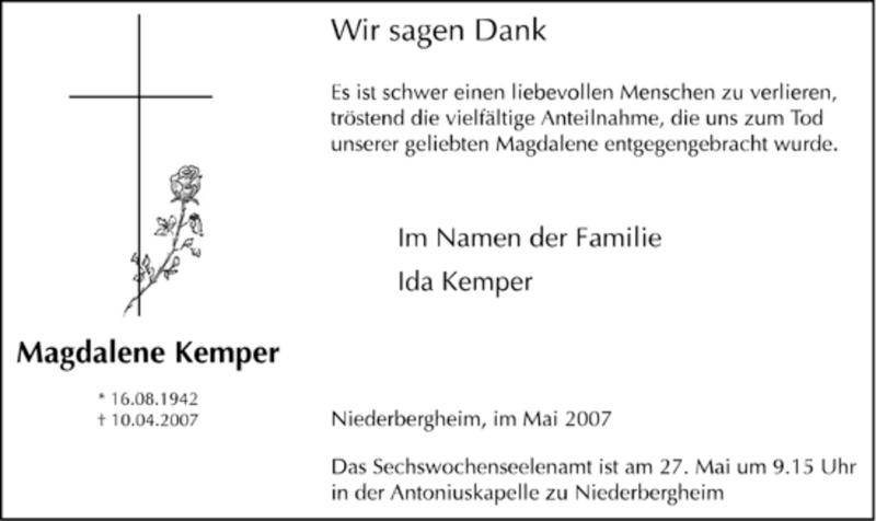  Traueranzeige für Magdalene Kemper vom 23.05.2007 aus WESTFÄLISCHER ANZEIGER