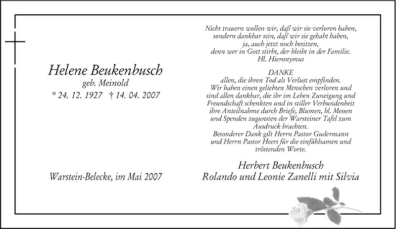  Traueranzeige für Helene Beukenbusch vom 26.05.2007 aus WESTFÄLISCHER ANZEIGER
