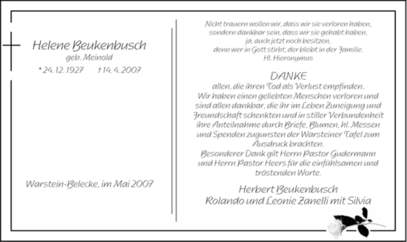  Traueranzeige für Helene Beukenbusch vom 26.05.2007 aus WESTFÄLISCHER ANZEIGER