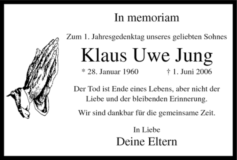  Traueranzeige für Klaus Uwe Jung vom 01.06.2007 aus WESTFÄLISCHER ANZEIGER