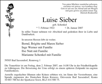 Traueranzeige von Luise Sieber von WESTFÄLISCHER ANZEIGER