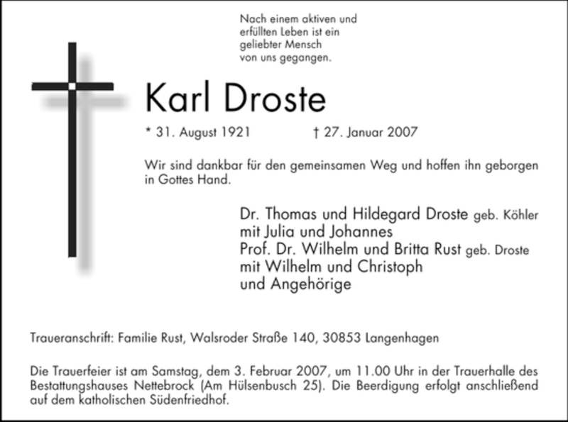  Traueranzeige für Karl Droste vom 30.01.2007 aus WESTFÄLISCHER ANZEIGER