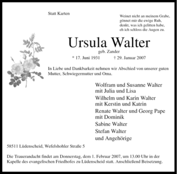 Traueranzeige von Ursula Walter von WESTFÄLISCHER ANZEIGER