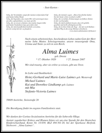 Traueranzeige von Alma Luimes von WESTFÄLISCHER ANZEIGER