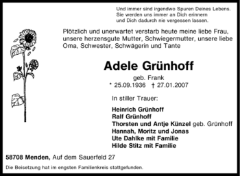 Traueranzeige von Adele Grünhoff von WESTFÄLISCHER ANZEIGER