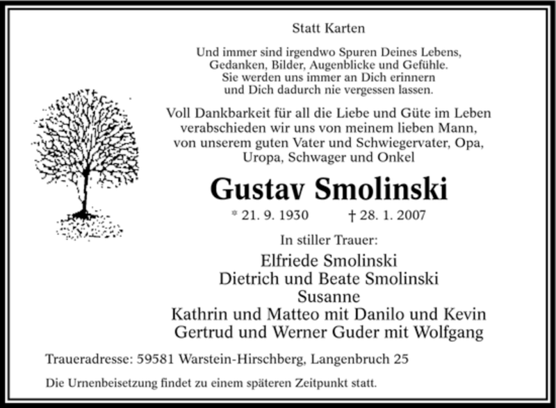  Traueranzeige für Gustav Smolinski vom 31.01.2007 aus WESTFÄLISCHER ANZEIGER