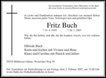 Traueranzeige von Fritz Buch von WESTFÄLISCHER ANZEIGER