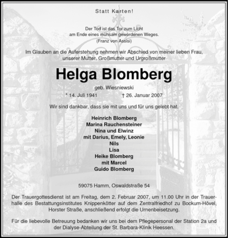  Traueranzeige für Helga Blomberg vom 31.01.2007 aus WESTFÄLISCHER ANZEIGER
