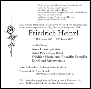 Traueranzeige von Friedrich Heinzl von WESTFÄLISCHER ANZEIGER