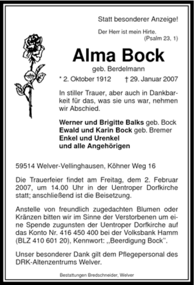  Traueranzeige für Alma Bock vom 31.01.2007 aus WESTFÄLISCHER ANZEIGER
