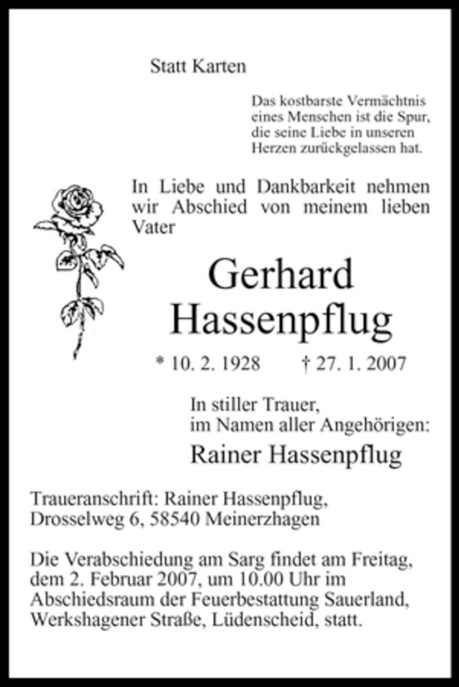  Traueranzeige für Gerhard Hassenpflug vom 31.01.2007 aus WESTFÄLISCHER ANZEIGER