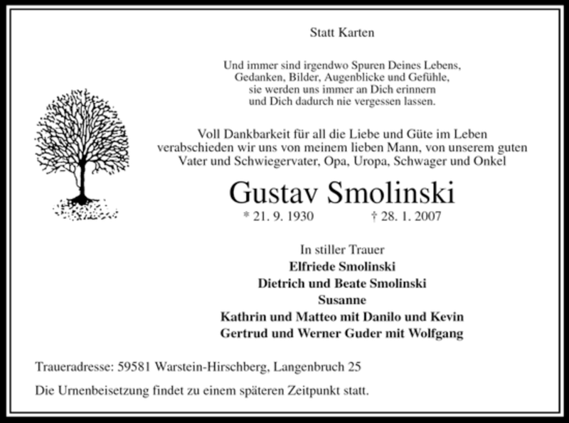  Traueranzeige für Gustav Smolinski vom 31.01.2007 aus WESTFÄLISCHER ANZEIGER
