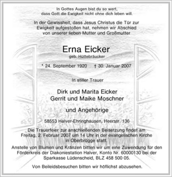 Traueranzeige von Erna Eicker von WESTFÄLISCHER ANZEIGER