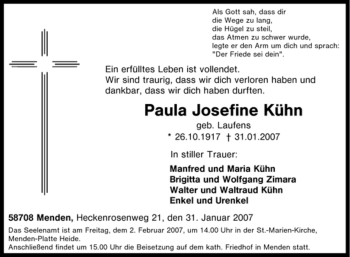 Traueranzeige von Paula Josefine Kühn von WESTFÄLISCHER ANZEIGER