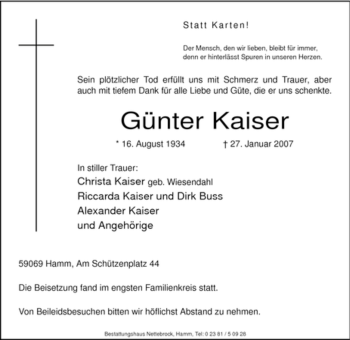 Traueranzeige von Günter Kaiser von WESTFÄLISCHER ANZEIGER