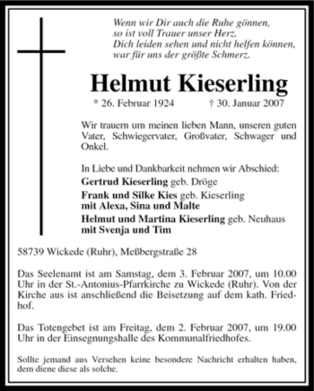 Traueranzeige von Helmut Kieserling von WESTFÄLISCHER ANZEIGER