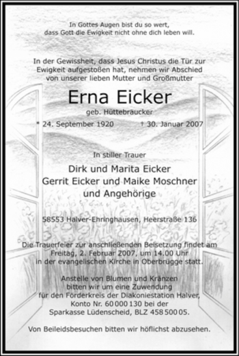 Traueranzeige von Erna Eicker von WESTFÄLISCHER ANZEIGER