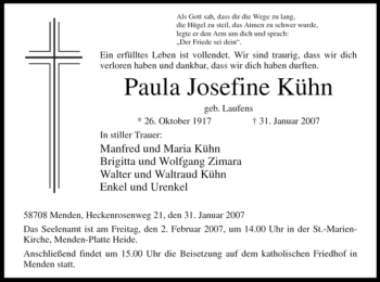 Traueranzeige von Paula Josefine Kühn von WESTFÄLISCHER ANZEIGER