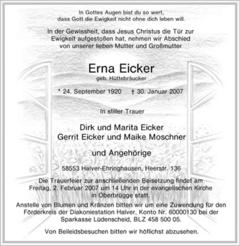 Traueranzeige von Erna Eicker von WESTFÄLISCHER ANZEIGER