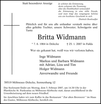 Traueranzeige von Britta Widmann von WESTFÄLISCHER ANZEIGER