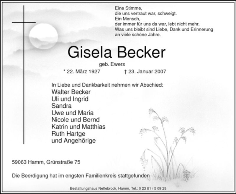 Traueranzeige für Gisela Becker vom 02.02.2007 aus WESTFÄLISCHER ANZEIGER
