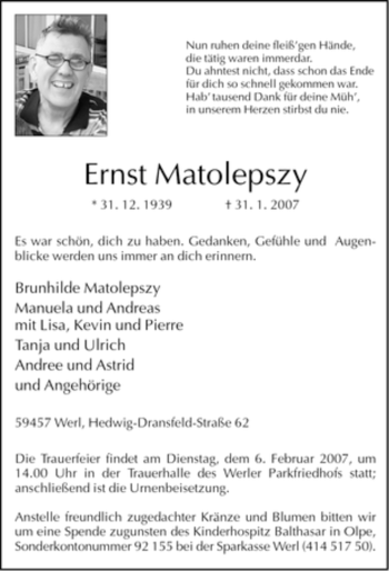 Traueranzeige von Ernst Matolepszy von WESTFÄLISCHER ANZEIGER