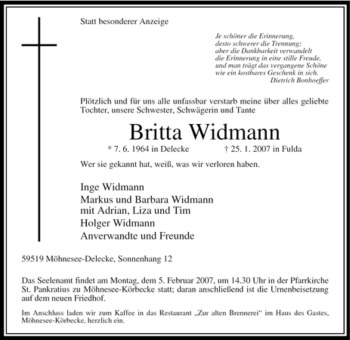 Traueranzeige von Britta Widmann von WESTFÄLISCHER ANZEIGER