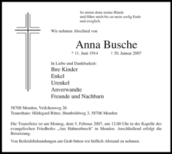 Traueranzeige von Anna Busche von WESTFÄLISCHER ANZEIGER