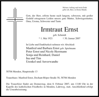 Traueranzeige von Irmtraut Ernst von WESTFÄLISCHER ANZEIGER