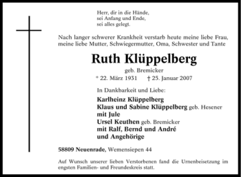 Traueranzeige von Ruth Klüppelberg von WESTFÄLISCHER ANZEIGER