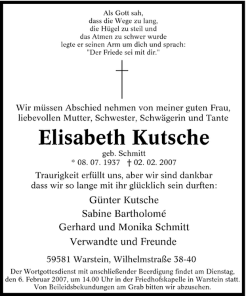  Traueranzeige für Elisabeth Kutsche vom 03.02.2007 aus WESTFÄLISCHER ANZEIGER