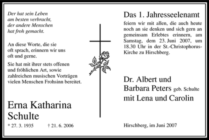  Traueranzeige für Erna Katharina Schulte vom 21.06.2007 aus WESTFÄLISCHER ANZEIGER