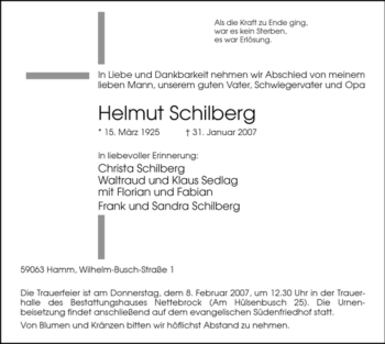 Traueranzeige von Helmut Schilberg von WESTFÄLISCHER ANZEIGER