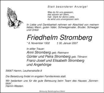 Traueranzeige von Friedhelm Stromberg von WESTFÄLISCHER ANZEIGER