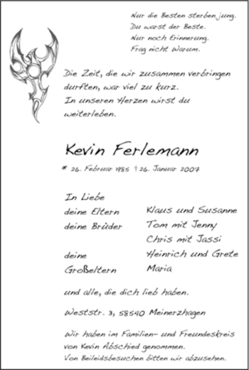 Traueranzeige von Kevin Ferlemann von WESTFÄLISCHER ANZEIGER