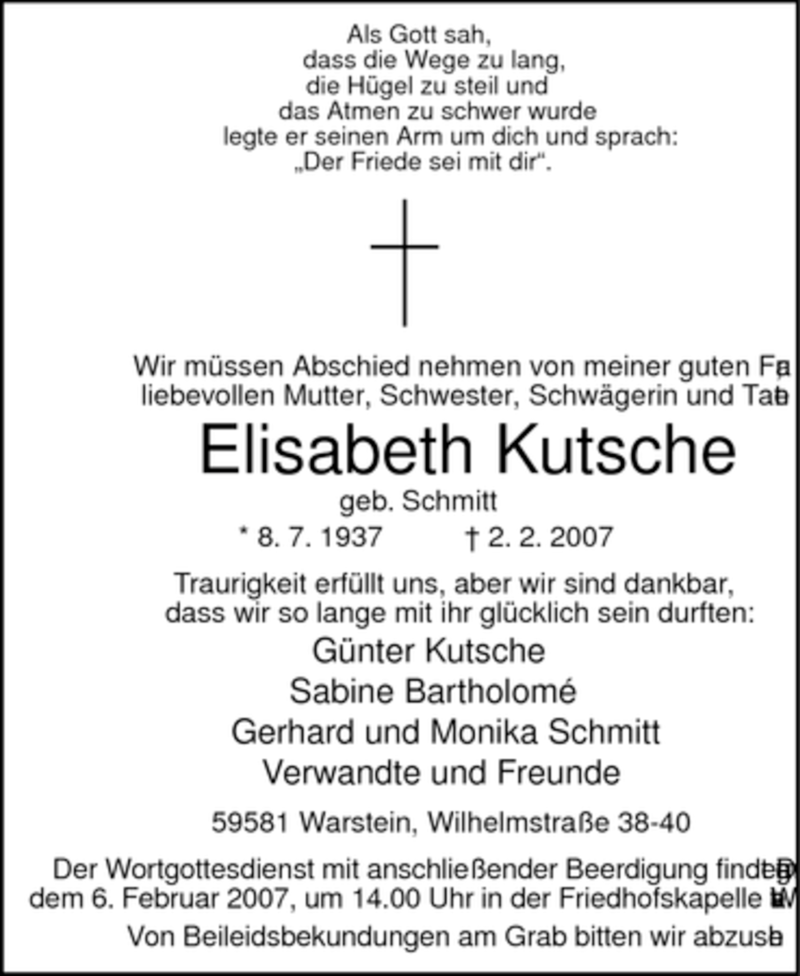  Traueranzeige für Elisabeth Kutsche vom 03.02.2007 aus WESTFÄLISCHER ANZEIGER
