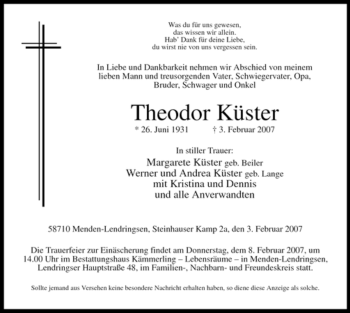Traueranzeige von Theodor Küster von WESTFÄLISCHER ANZEIGER