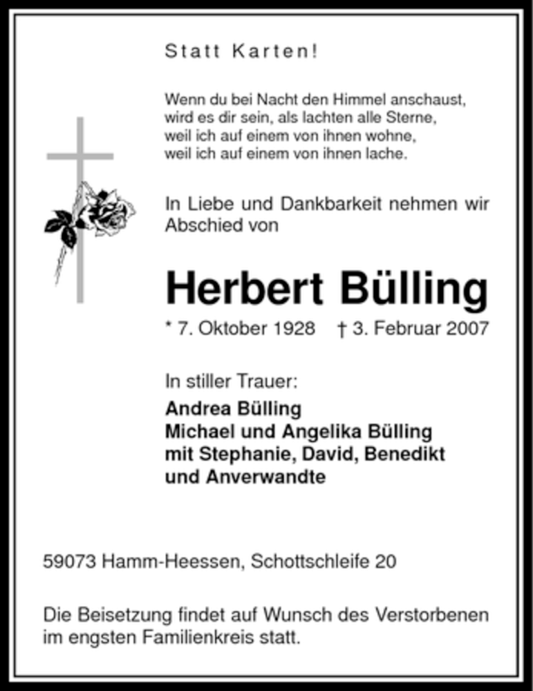  Traueranzeige für Herbert Bülling vom 05.02.2007 aus WESTFÄLISCHER ANZEIGER