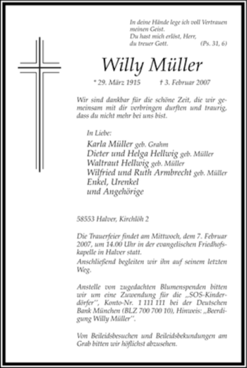 Traueranzeige von Willy Müller von WESTFÄLISCHER ANZEIGER