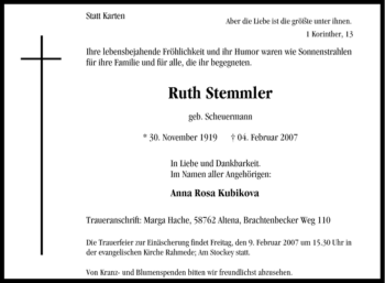 Traueranzeige von Ruth Stemmler von WESTFÄLISCHER ANZEIGER