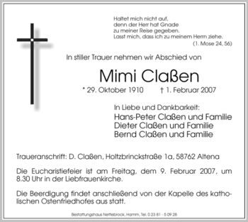 Traueranzeige von Mimi Claßen von WESTFÄLISCHER ANZEIGER