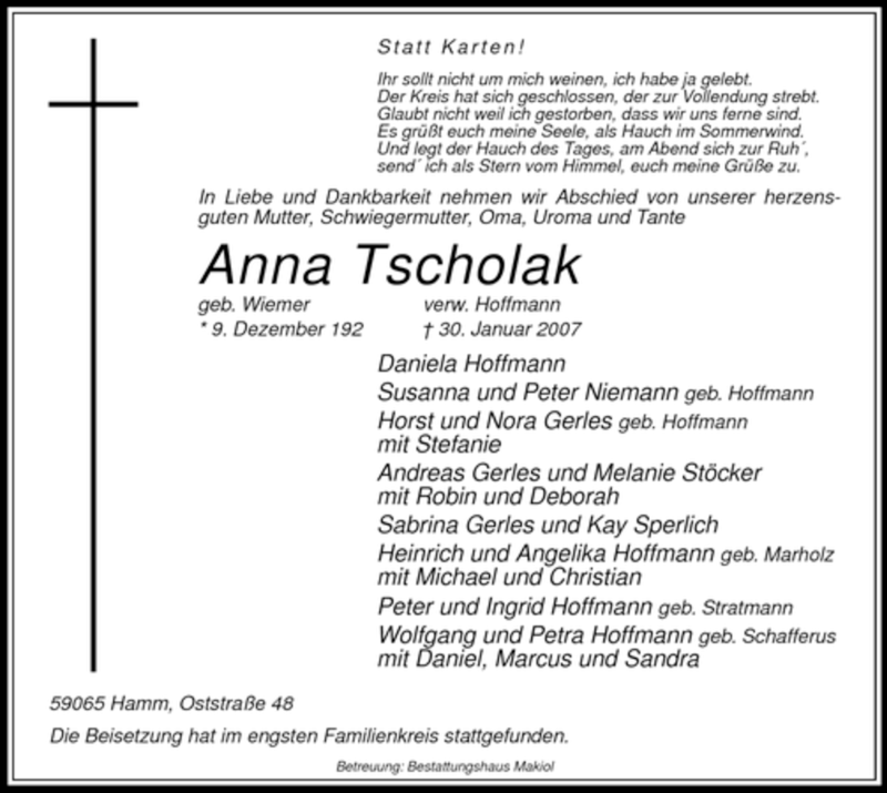  Traueranzeige für Anna Tscholak vom 06.02.2007 aus WESTFÄLISCHER ANZEIGER