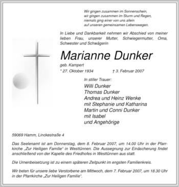 Traueranzeige von Marianne Dunker von WESTFÄLISCHER ANZEIGER