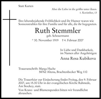 Traueranzeige von Ruth Stemmler von WESTFÄLISCHER ANZEIGER